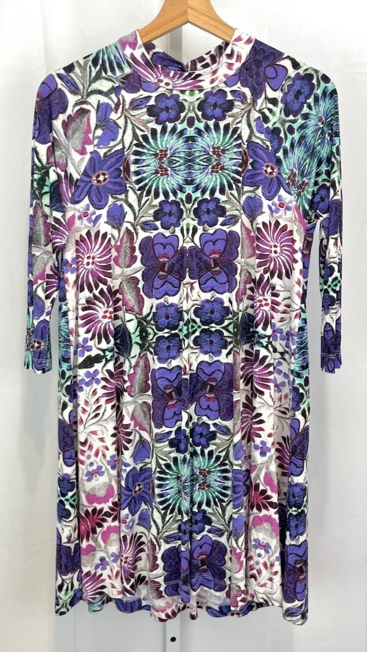 FREE PEOPLE  S Fiesta Mini Swing Dress 3/4 Sleeve Geo Floral White Multicolor